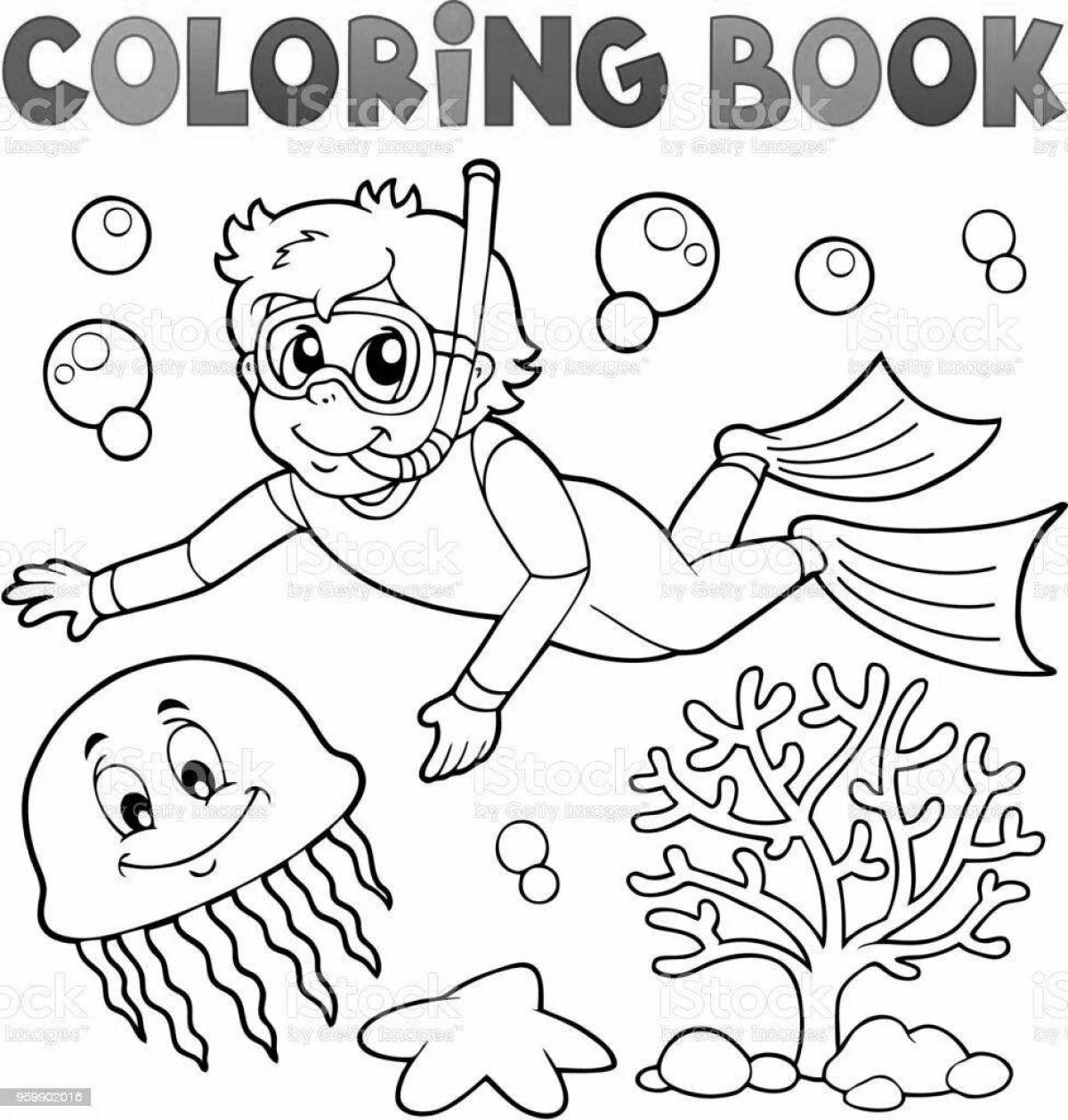 Coloring book shining scuba diver