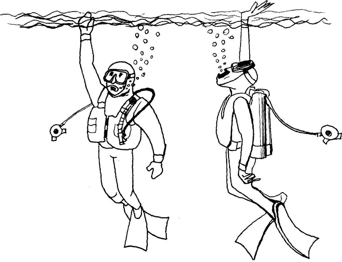 Coloring page of an exciting scuba diver