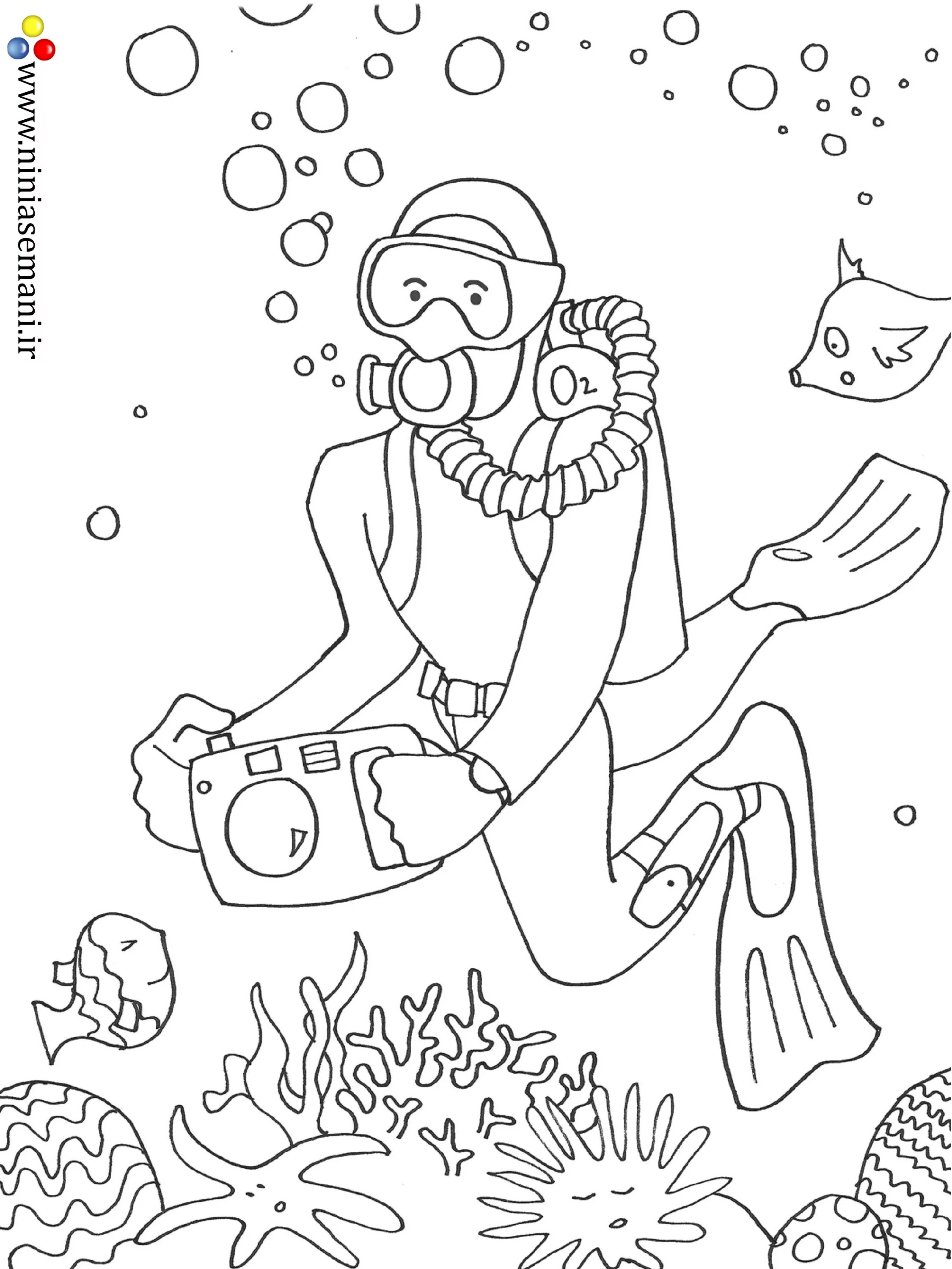 Coloring page of a fascinating scuba diver