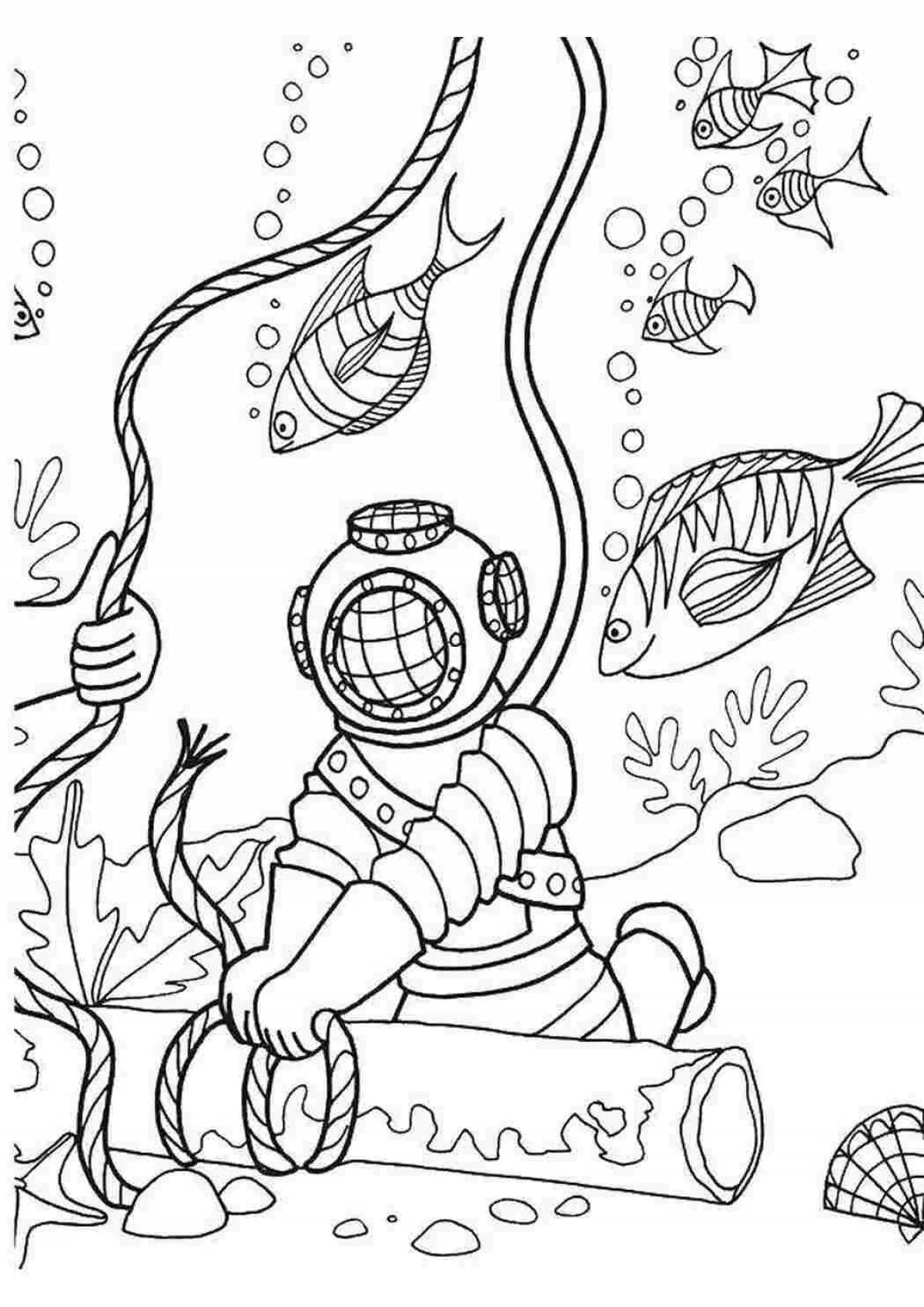 Dynamic scuba diver coloring page