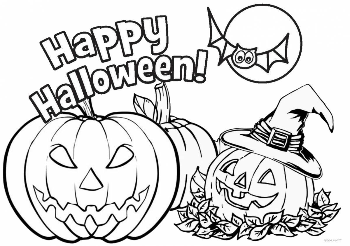 Раскраска Хэллоуин дети проходят мимо дома с привидениями - стоковый клипарт