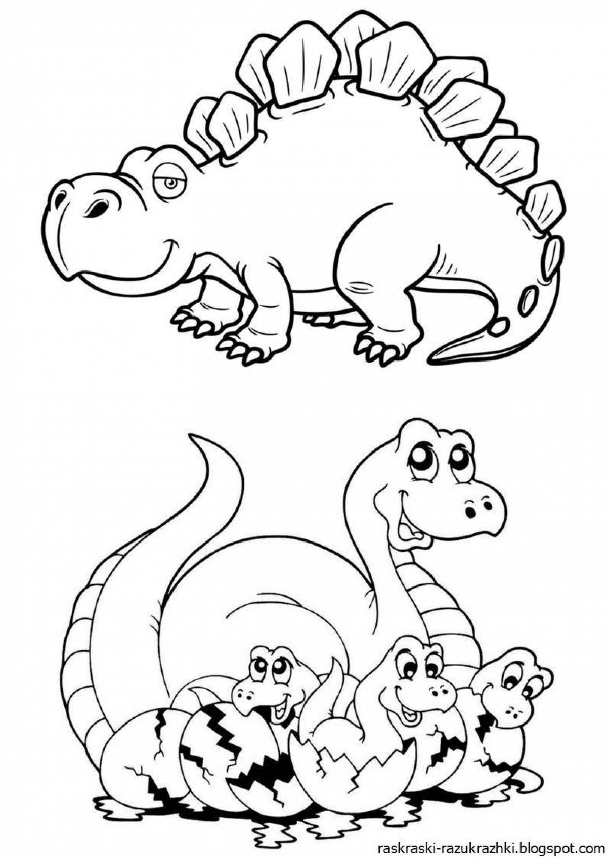 Цветная яркая страница раскраски динозавров для детей 4-5 лет