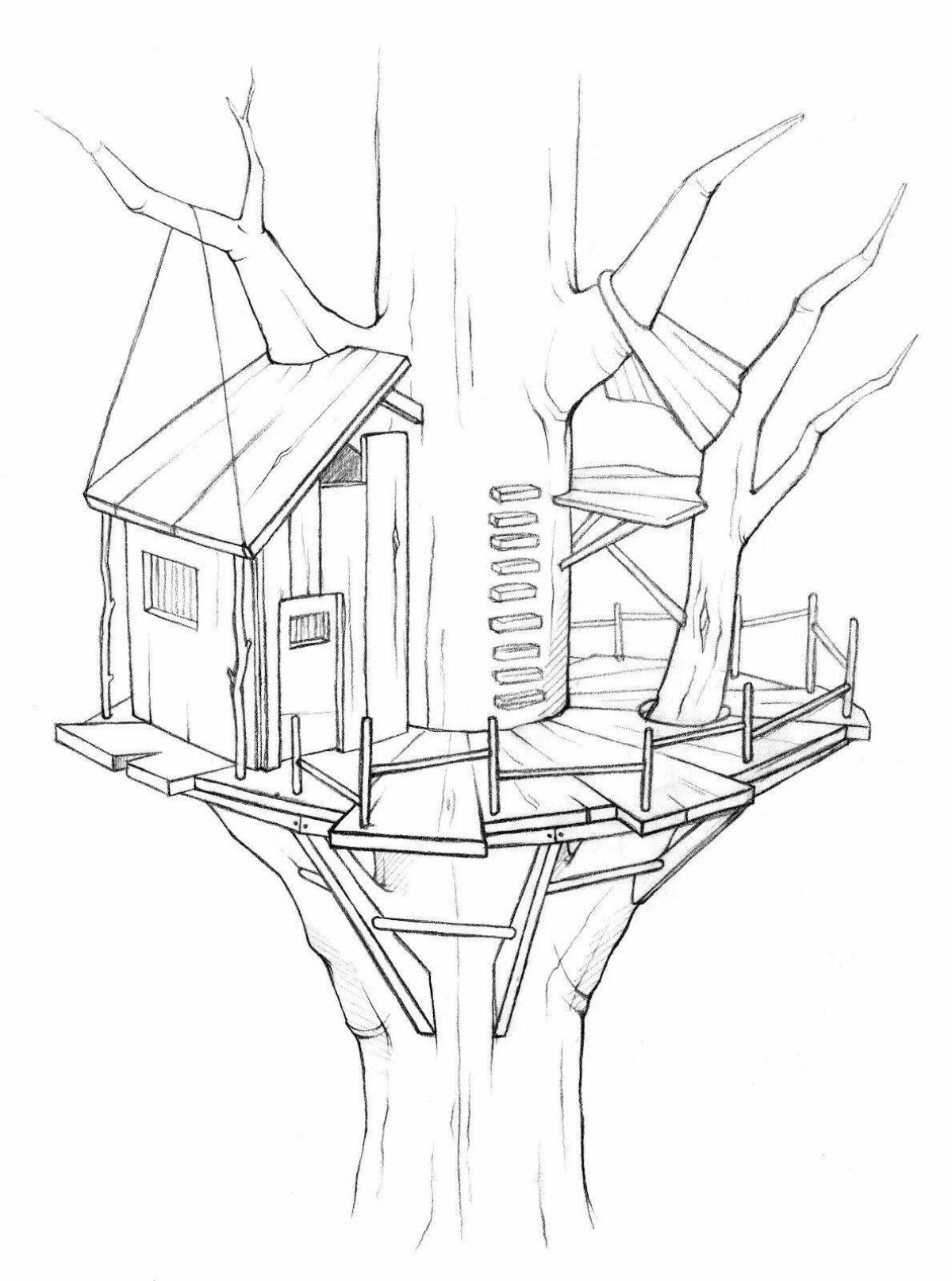 Рисунки карандашом строений. Домик на дереве. Раскраска дом на дереве. Эскиз домика. Необычный легкий дом для срисовки карандашом.