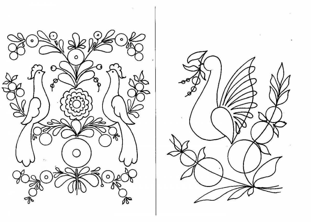 Coloring bird with Gorodets ornament