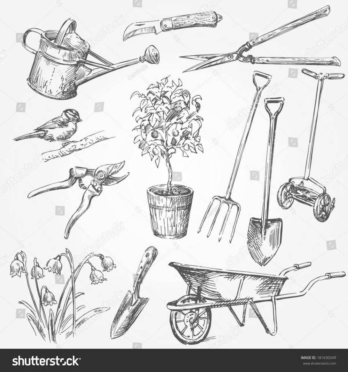 Coloring book joyful gardening tools