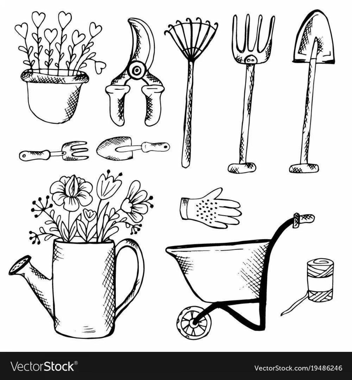 Exciting garden tools coloring page