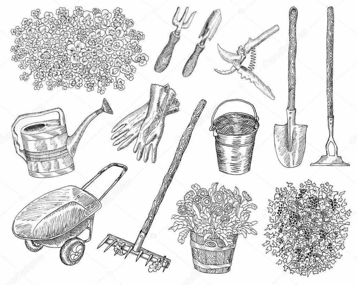 Cute garden tools coloring book