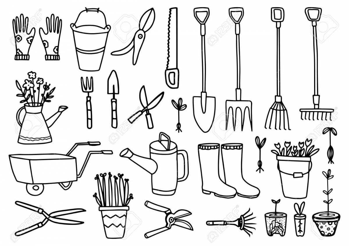 Cute garden tools coloring book