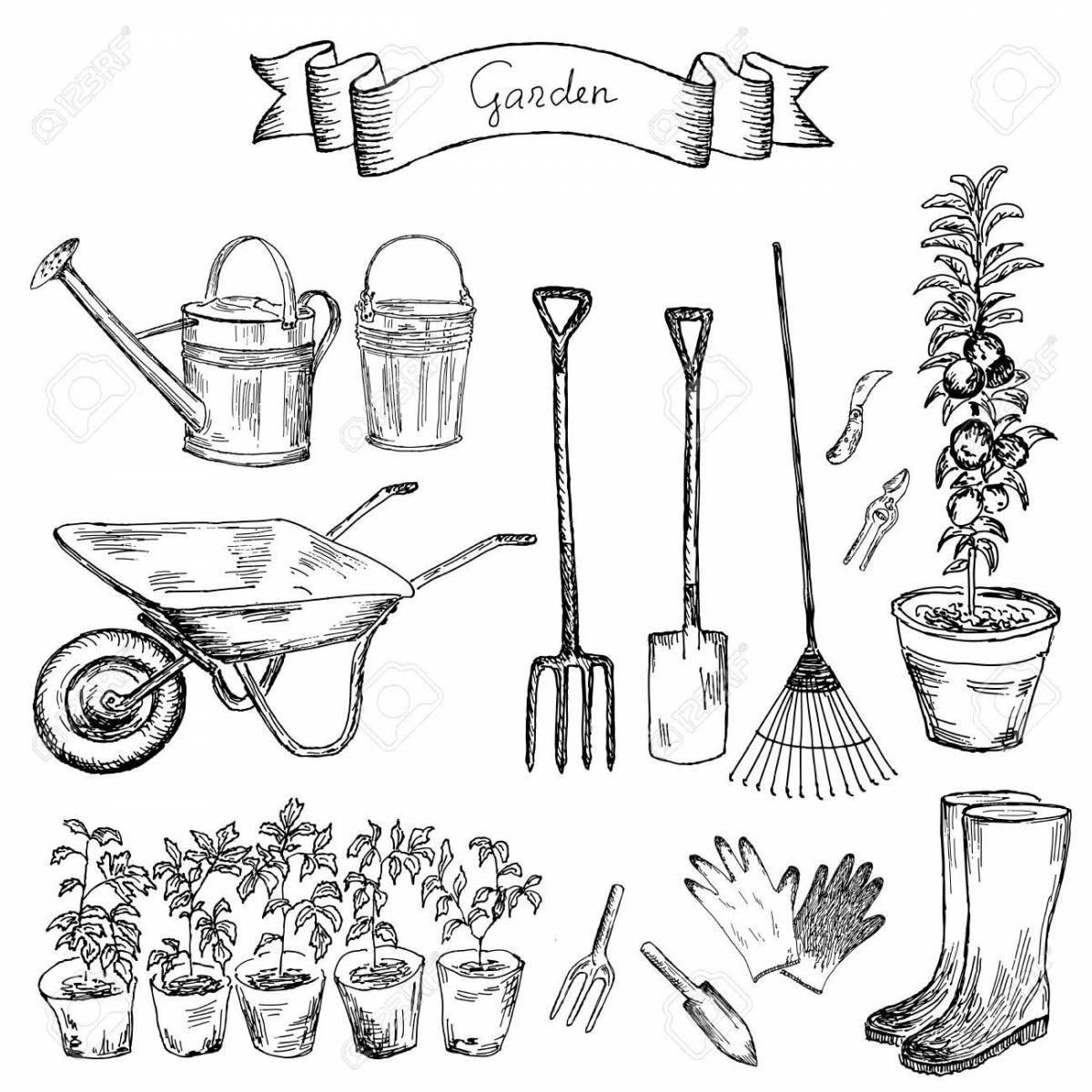 Coloring book humorous garden tools