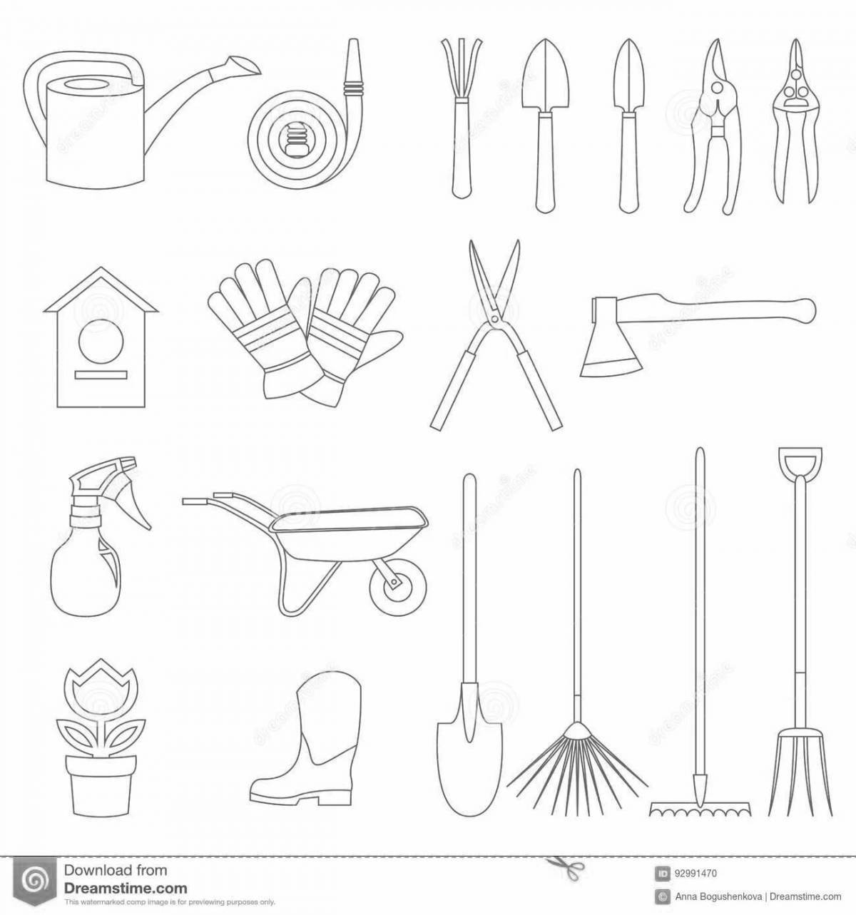 Coloring book witty gardening tools