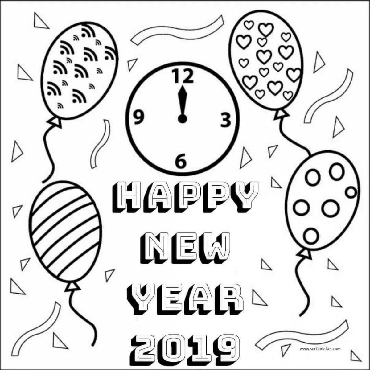 Happy new cards 2024. Happy New year раскраска. Раскраска на английском новый год. Новогодние раскраски на английском для детей. Новогодняя открытка на английском раскраска.