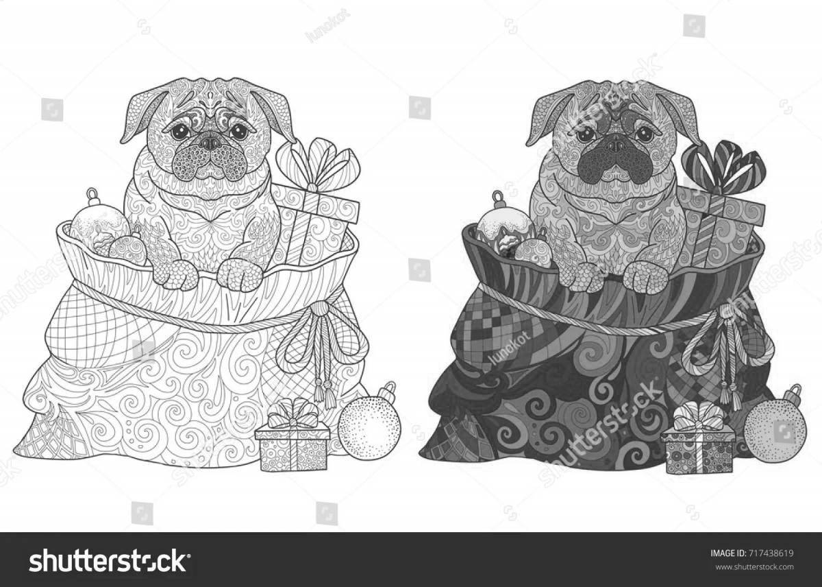 Ecstatic pug new year coloring page