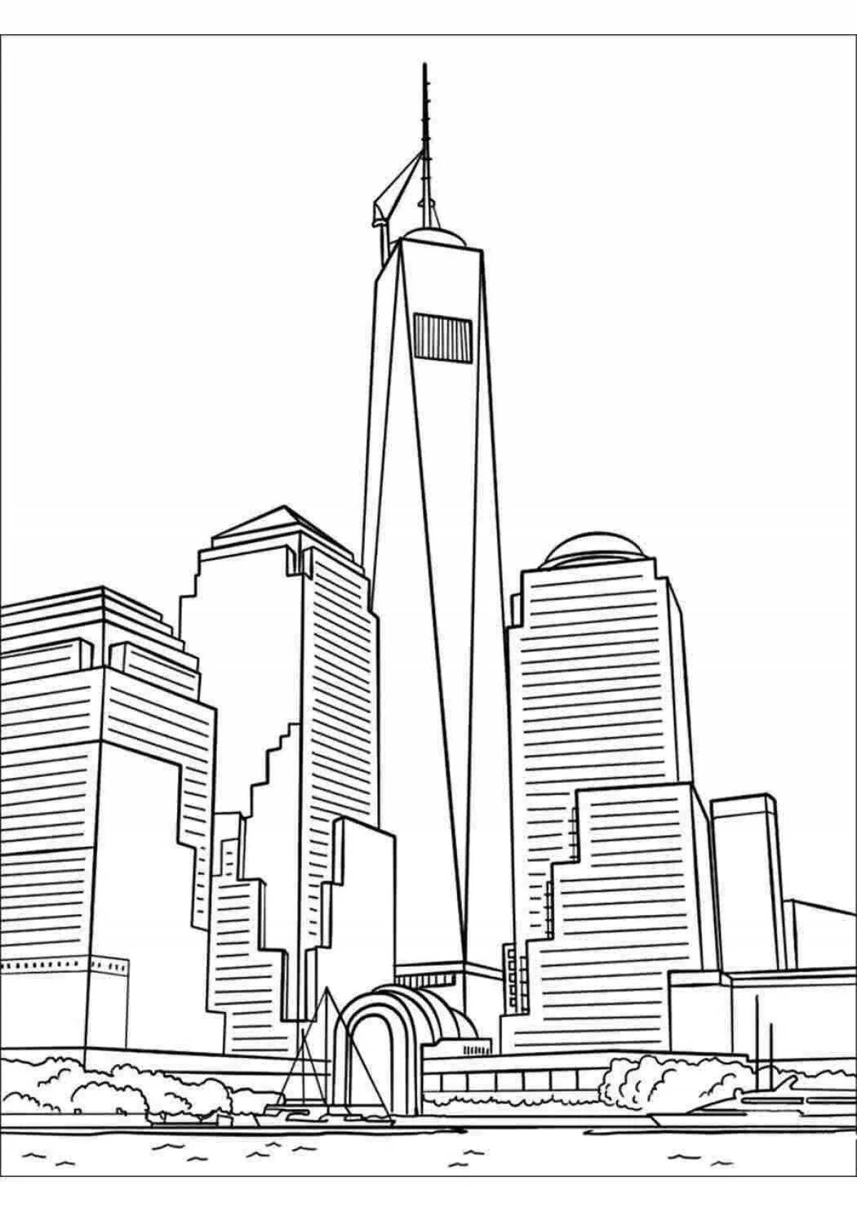 Colorfully illustrated coloring page of the twin towers
