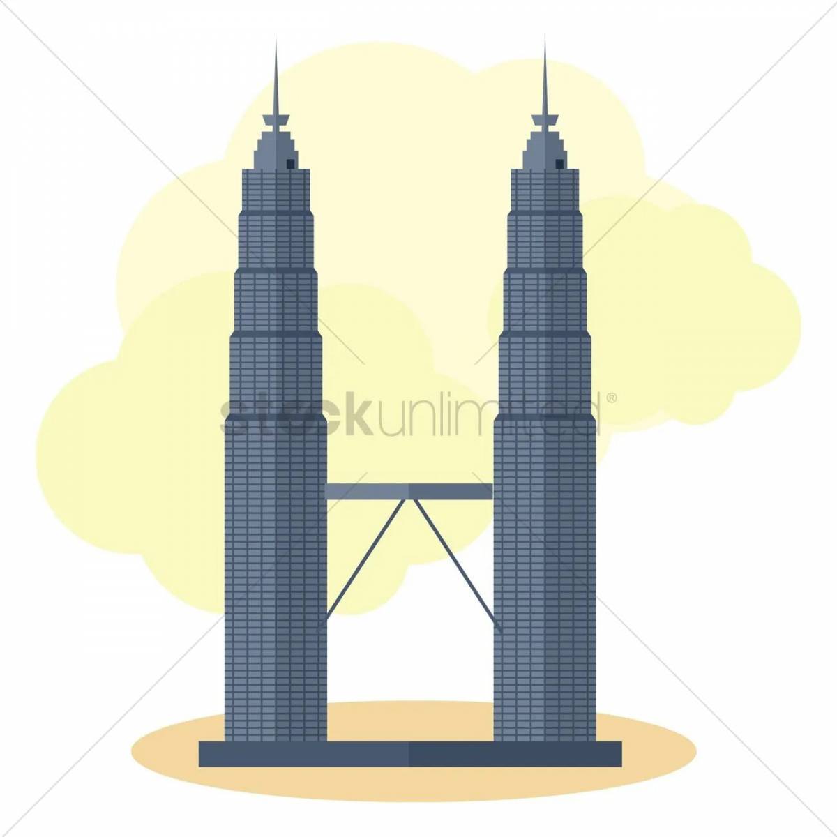 Richly illustrated coloring of the twin towers