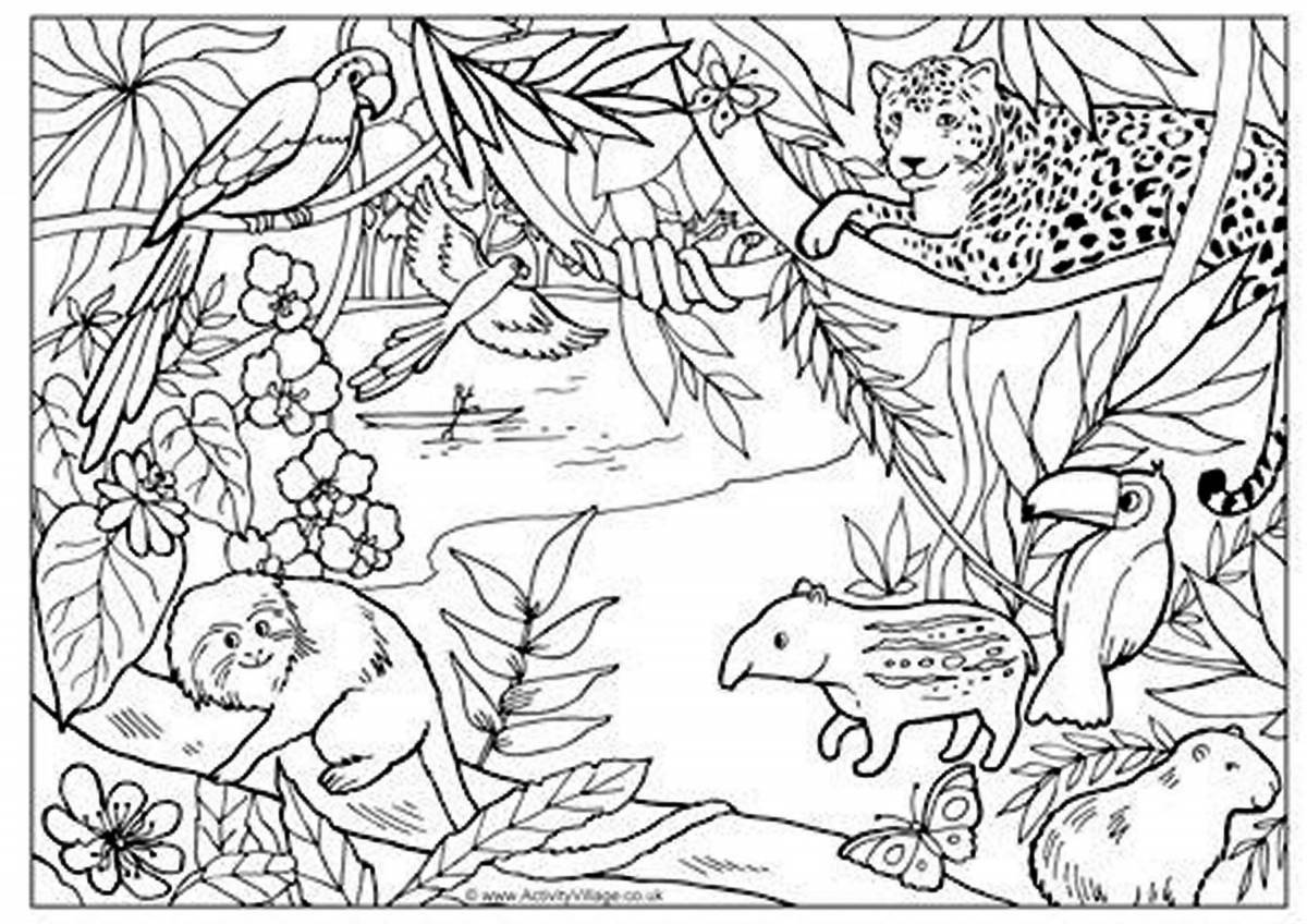 Coloring book peaceful tropical forest