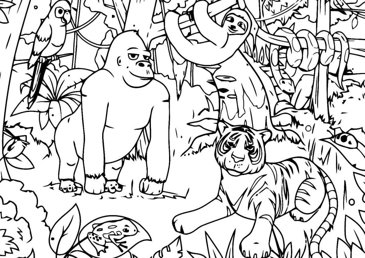 Coloring page joyful tropical forest