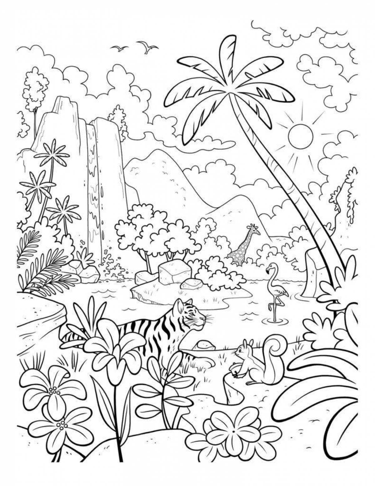 Coloring book inviting tropical forest