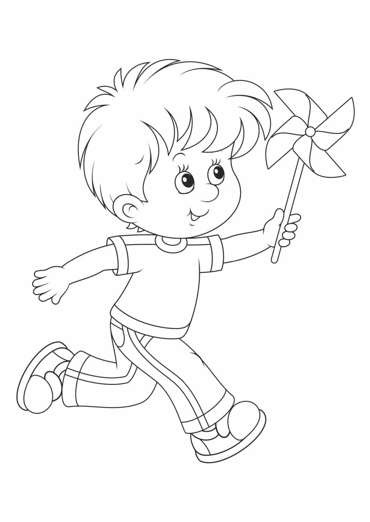 Coloring page of a joyful running boy