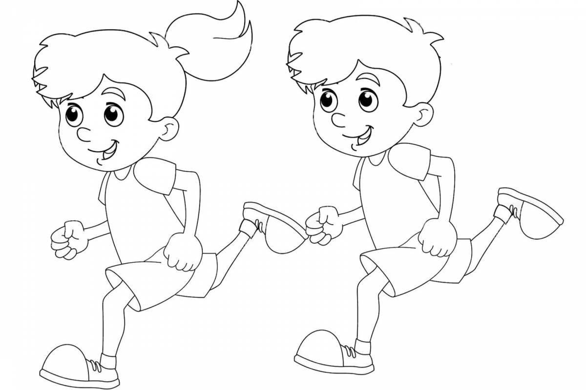 Coloring page of a cheerful running boy