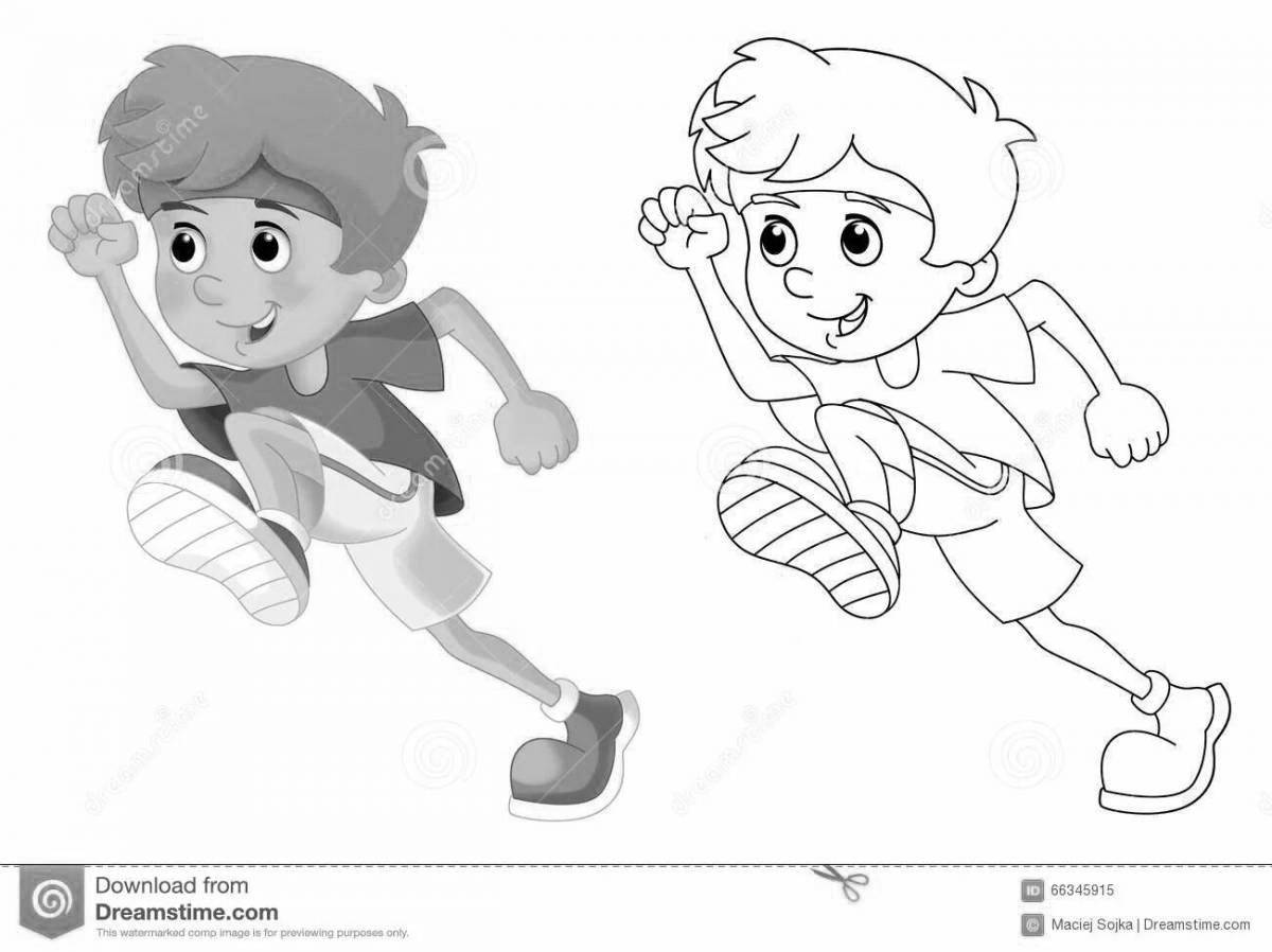 Coloring page of a cheerful running boy