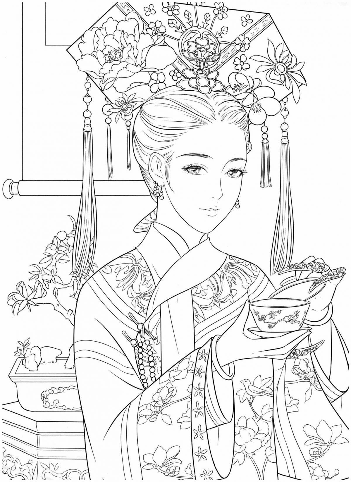 Coloring book glowing Chinese woman