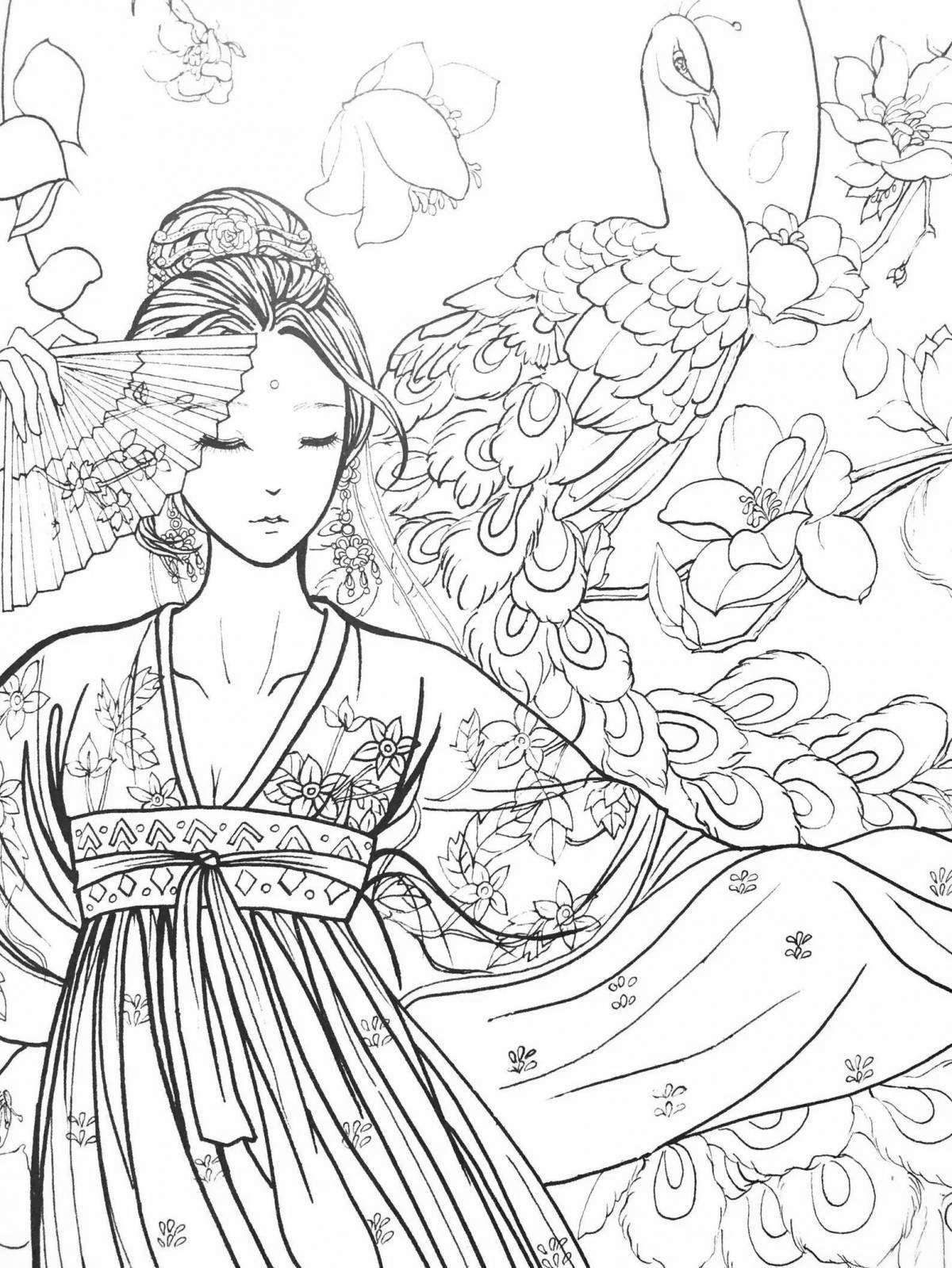 Coloring page elegant Chinese woman