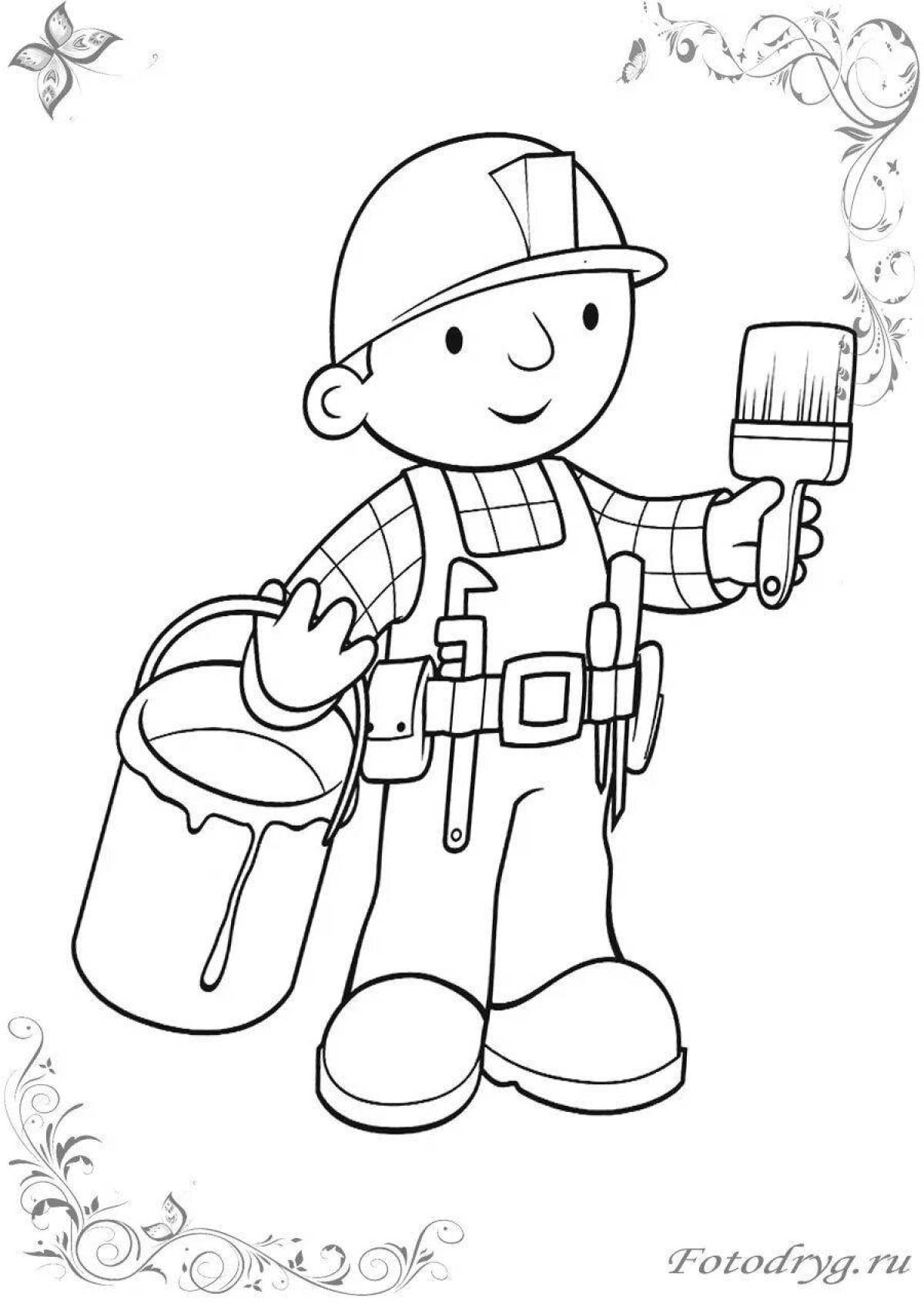 Playful coloring page of construction professions