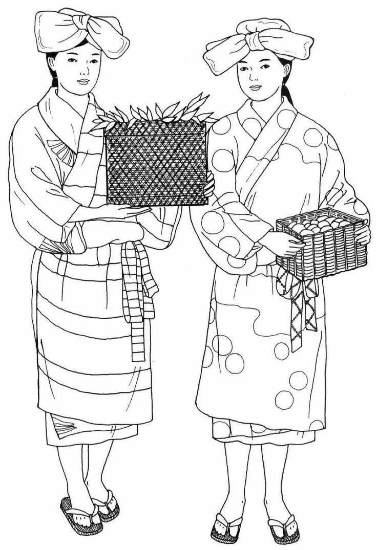 Joyful Japanese costume coloring page