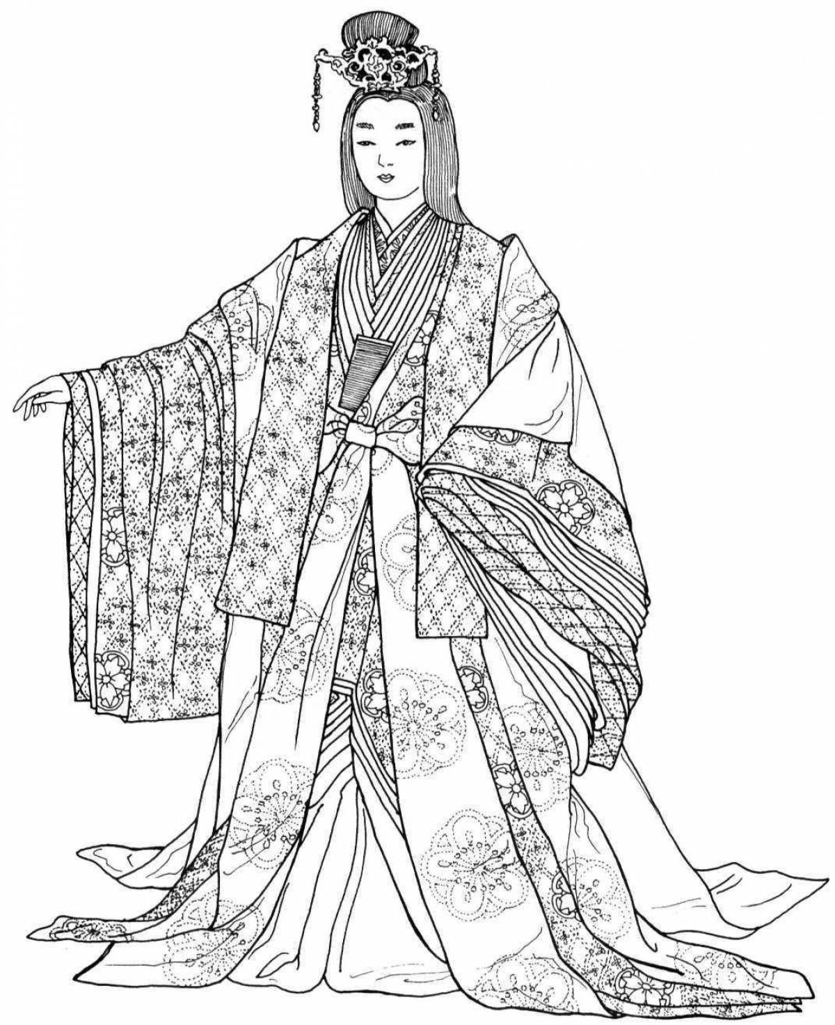 Coloring book luxury Japanese costume