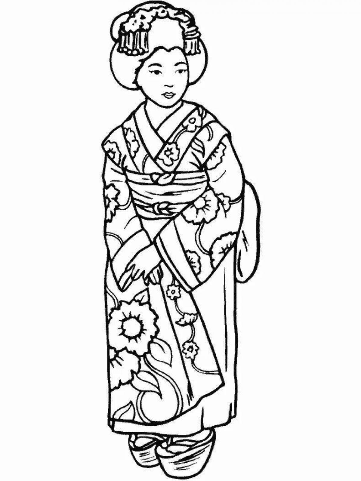 Подробная страница раскраски японского костюма