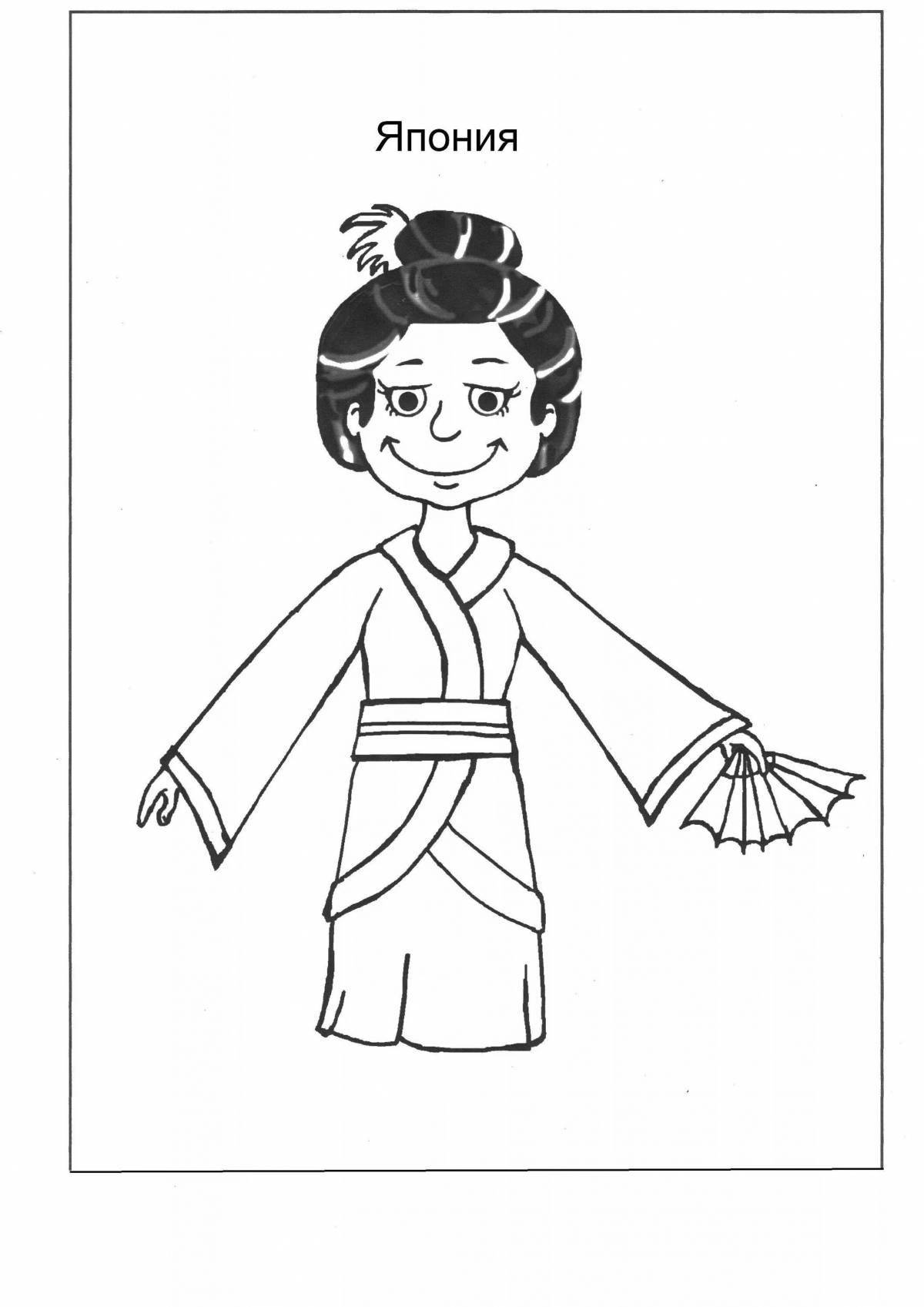 Детально проработанная страница раскраски японского костюма