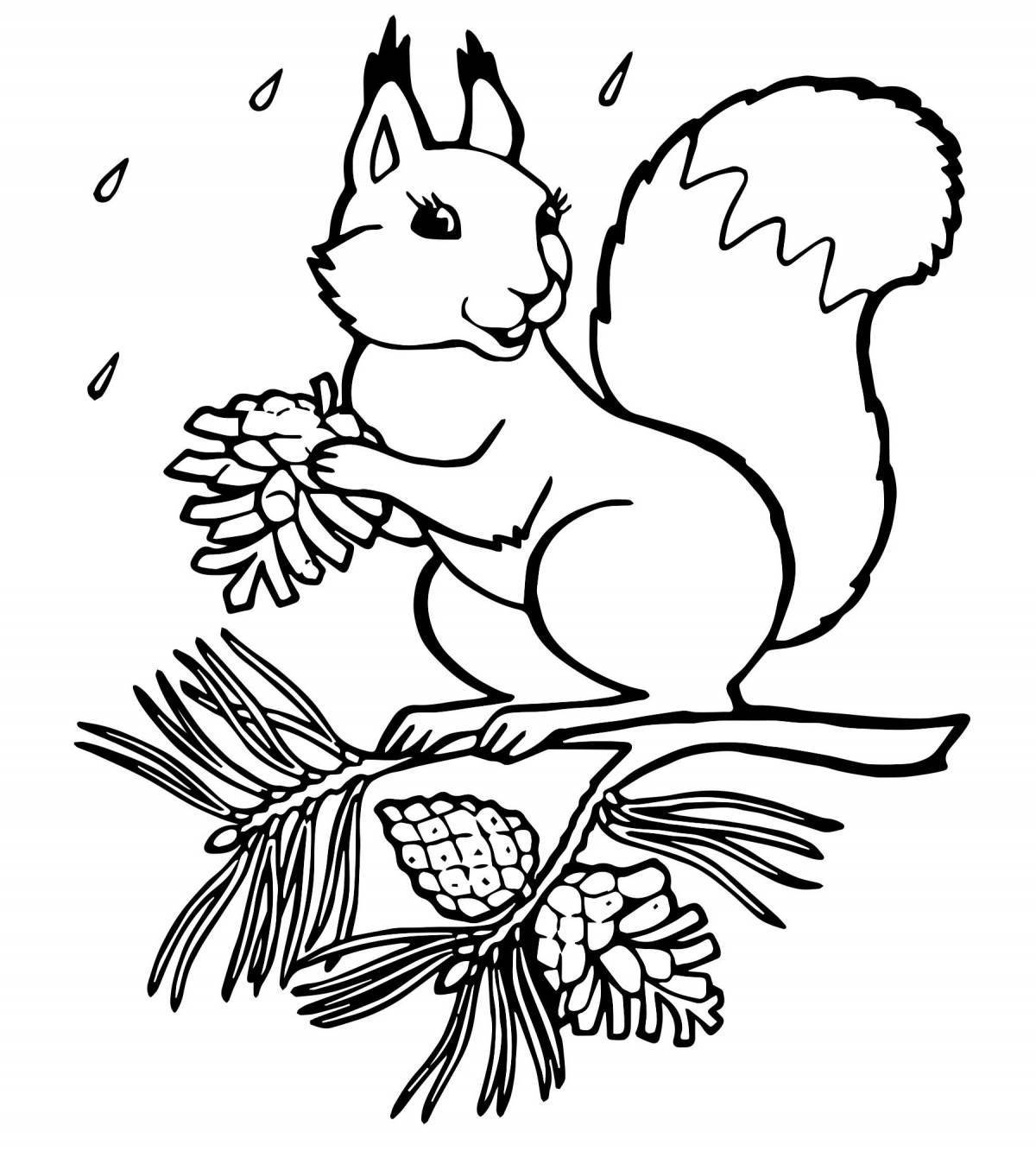 Coloring book joyful winter squirrel