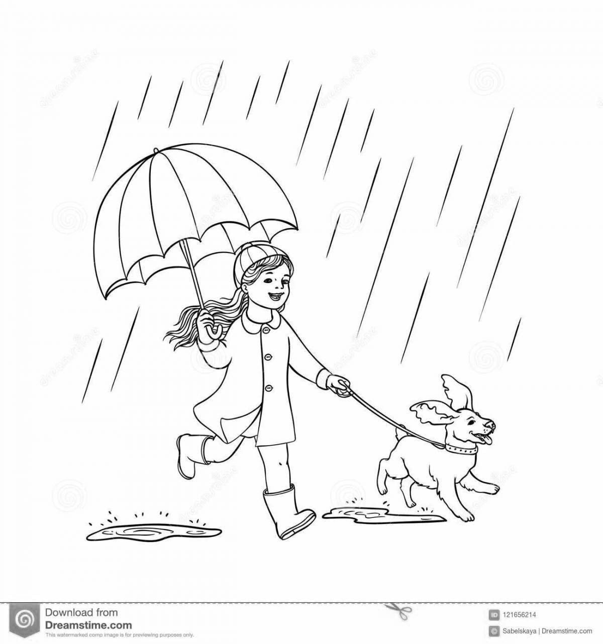 Девочка гуляет под дождем с зонтиком