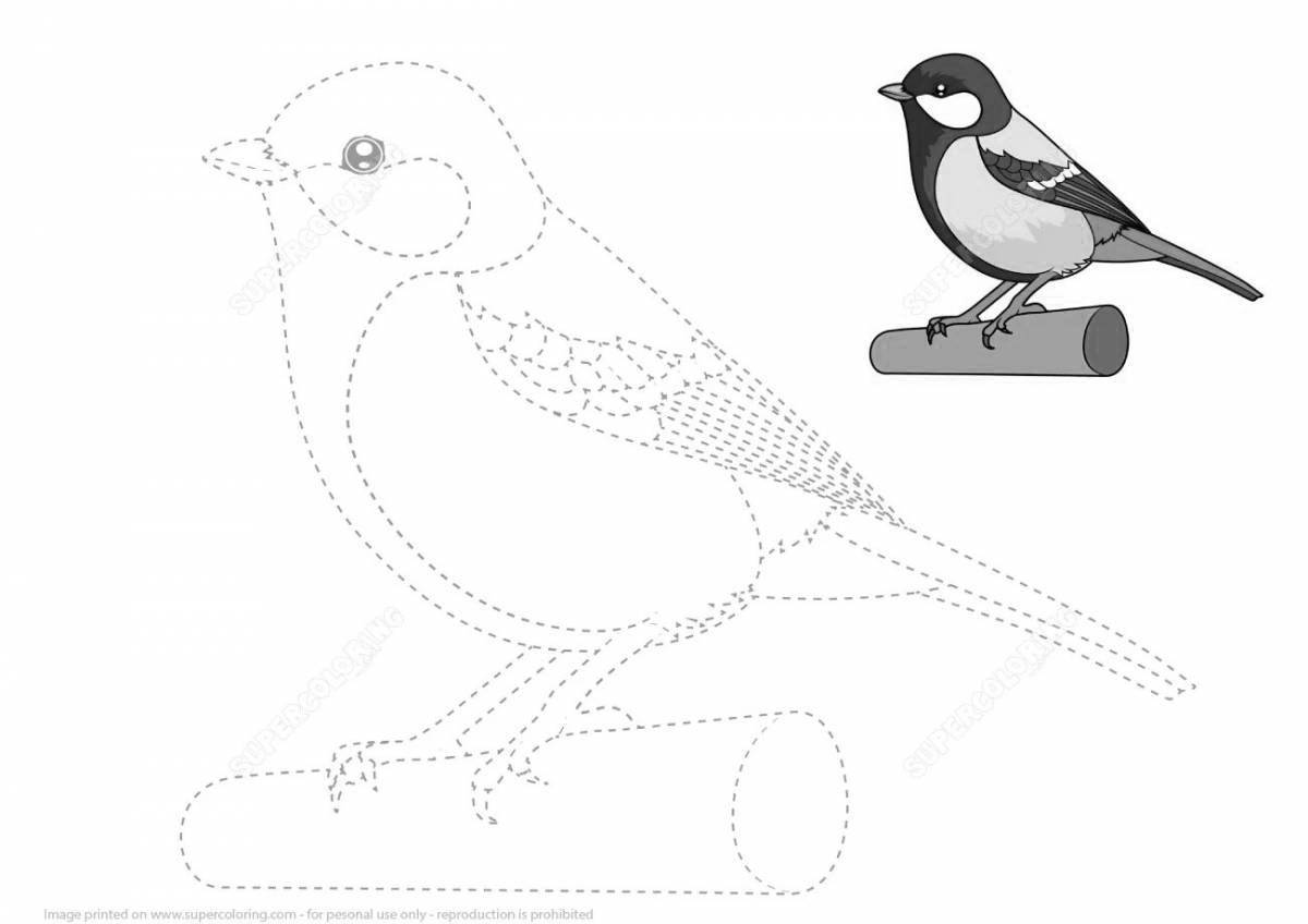 Coloring page with a striking pattern of tits