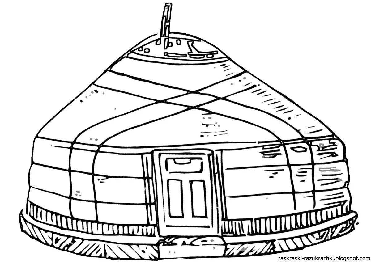 Coloring book intriguing figurine in a yurt