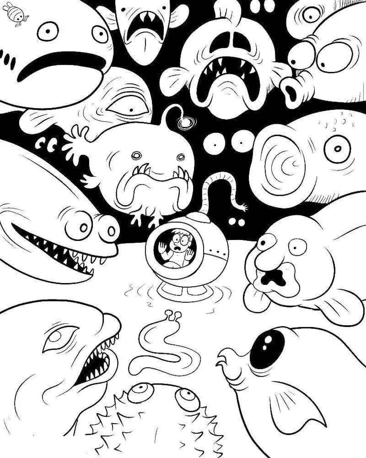 Colourful underwater monsters coloring page
