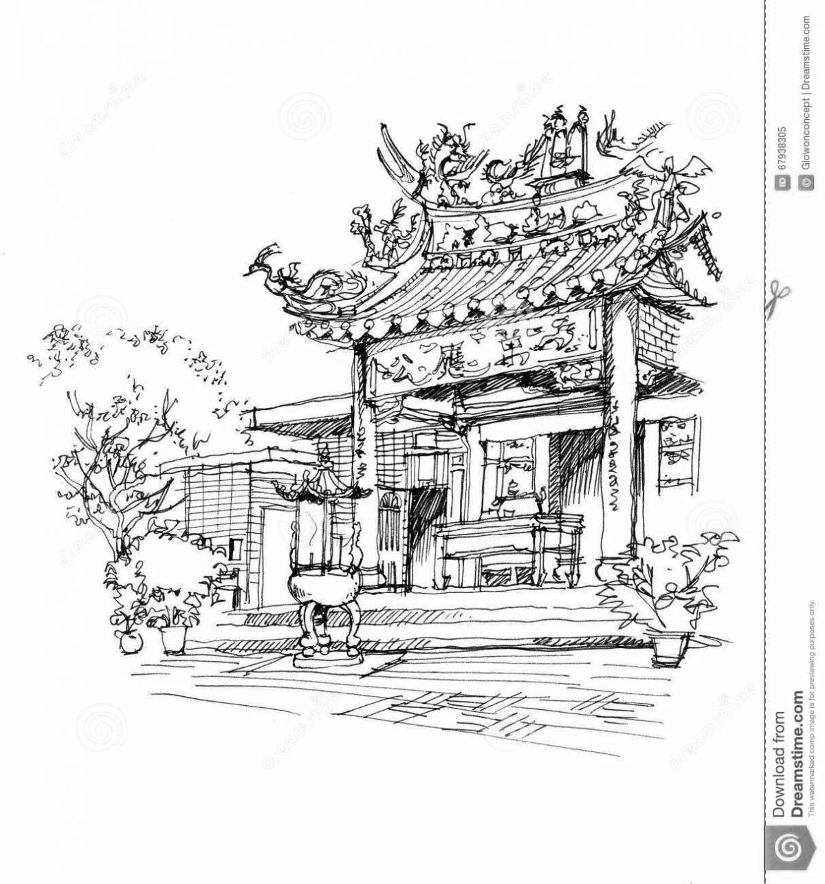 Подробная раскраска китайский дом