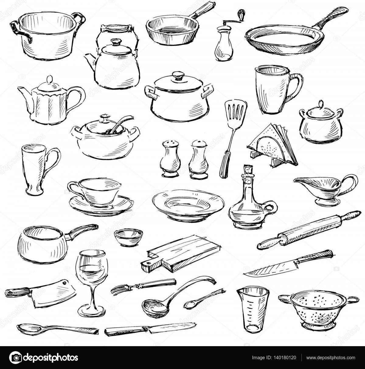 Посуда распечатать картинки. Кухонная посуда для раскрашивания. Раскраска кухонная посуда. Скетч посуда. Кухонная посуда раскраска для детей.