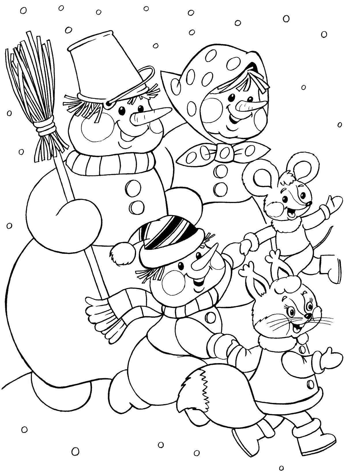 Coloring page joyful family of snowmen