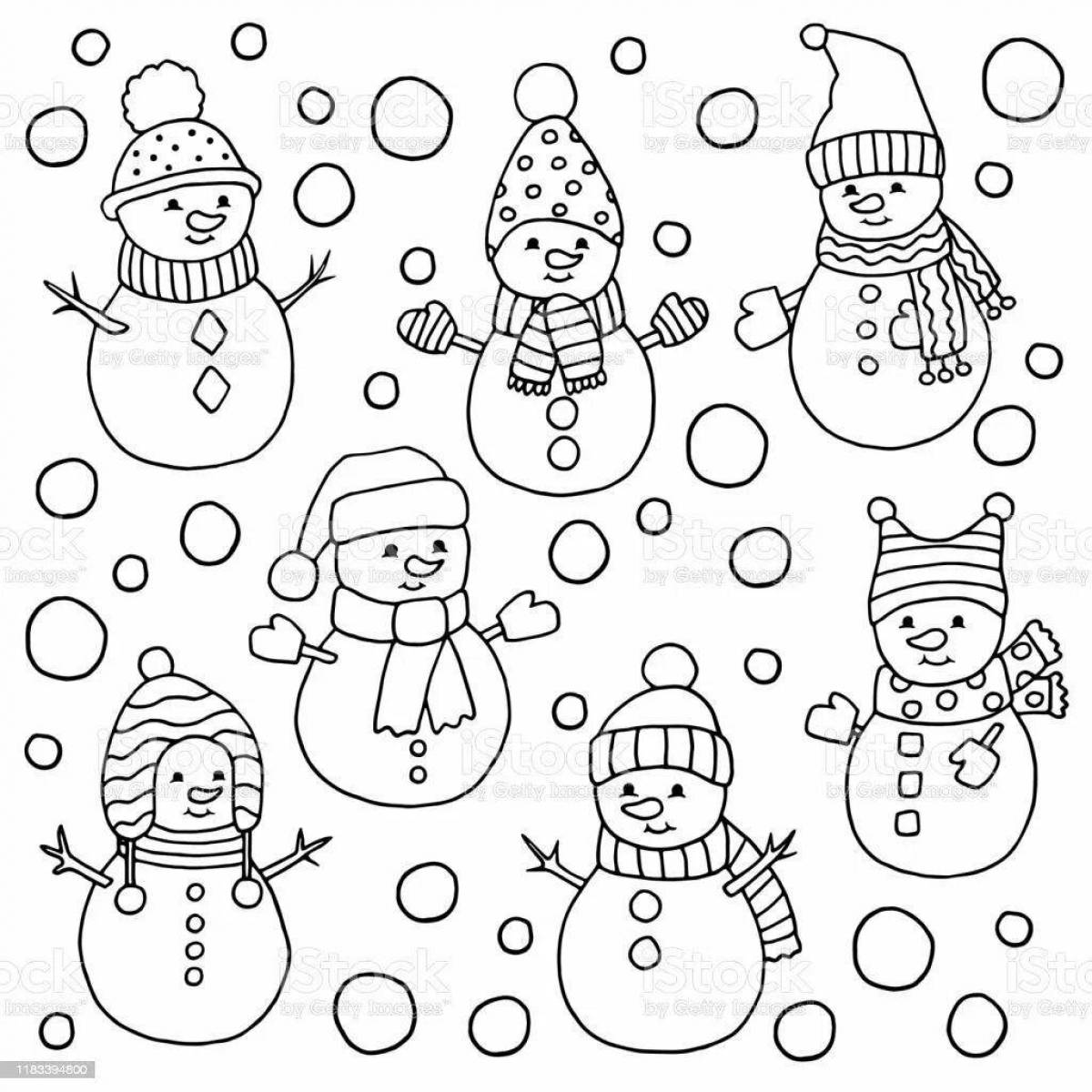 Colorful snowman family coloring page