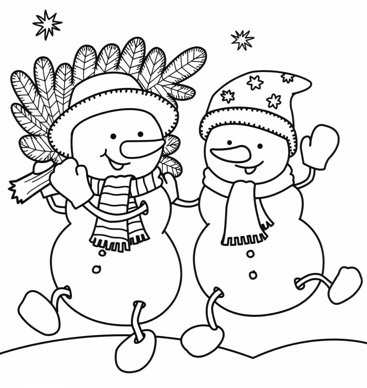 Яркая семейная раскраска снеговиков