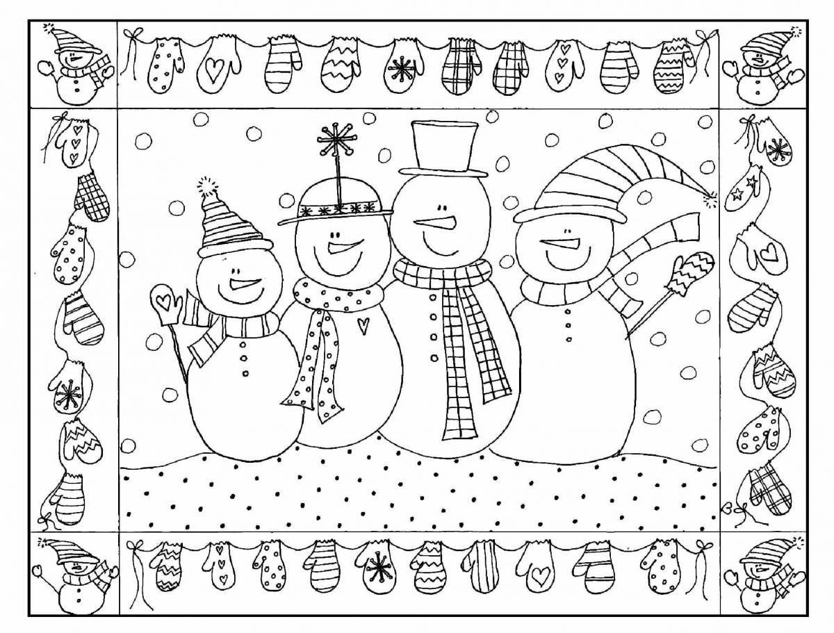 Милая семейная раскраска снеговиков