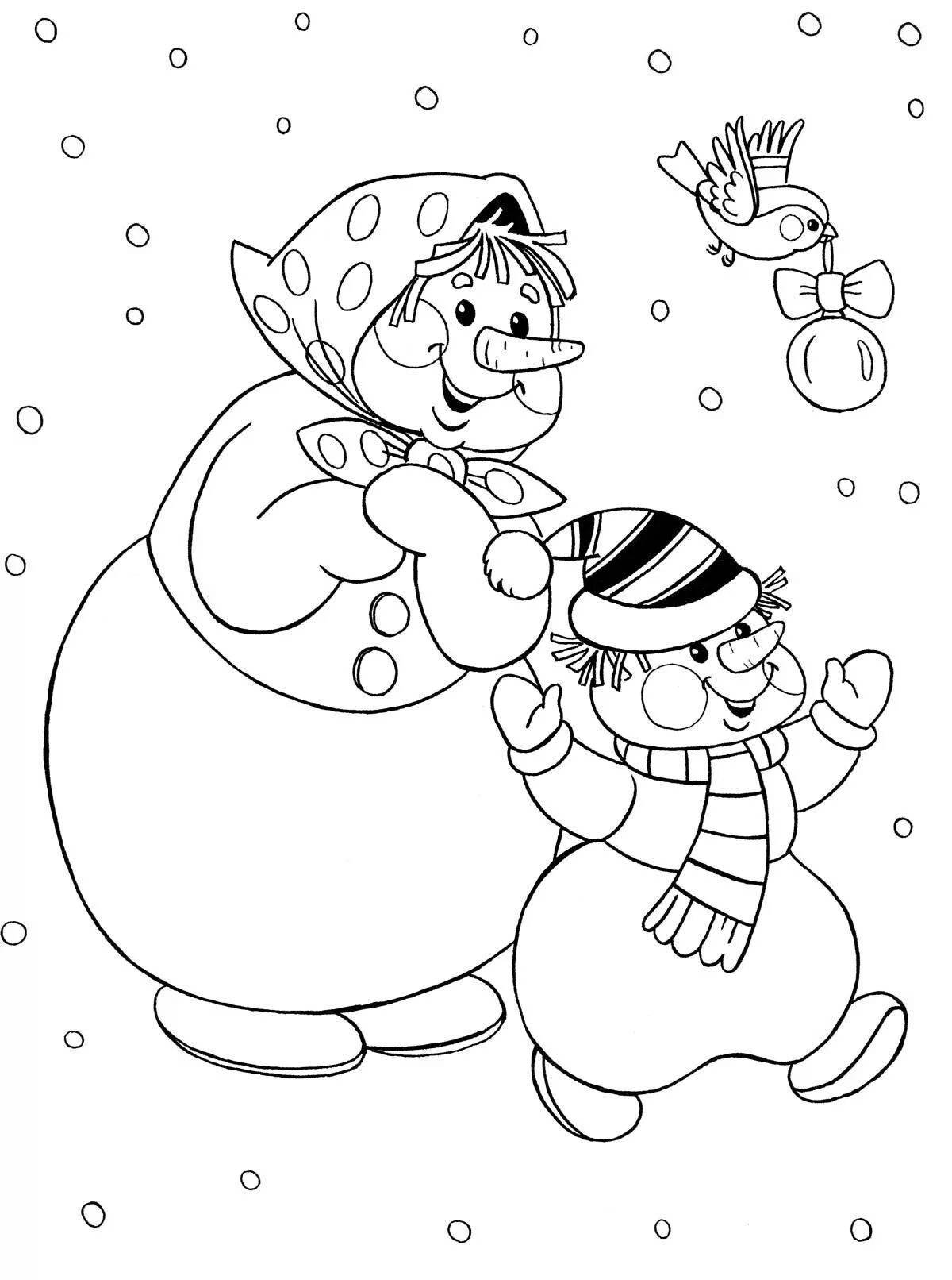 Юмористическая семейная раскраска снеговиков