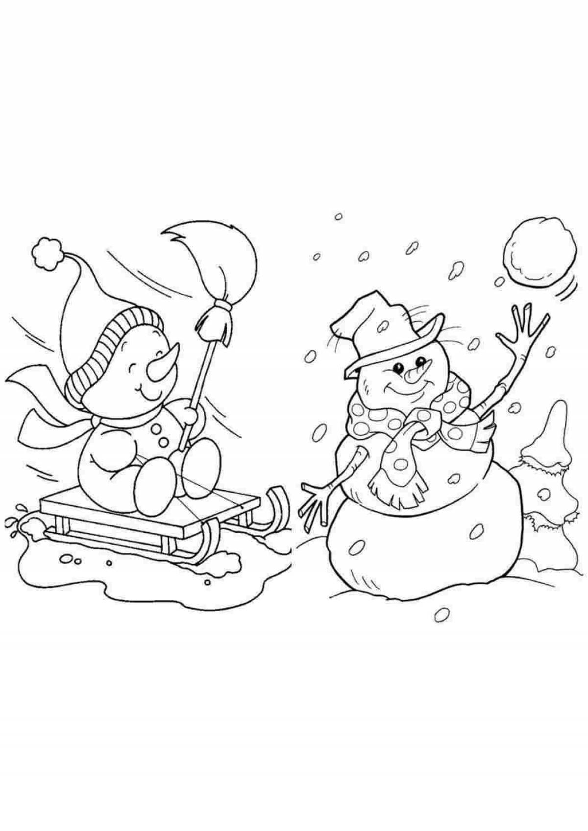 Coloring page nice snowman family