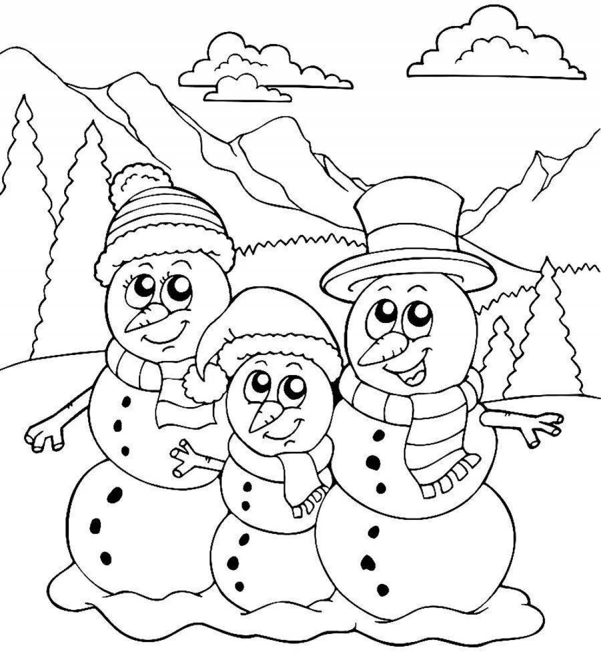 Раскраска удивительная семья снеговиков