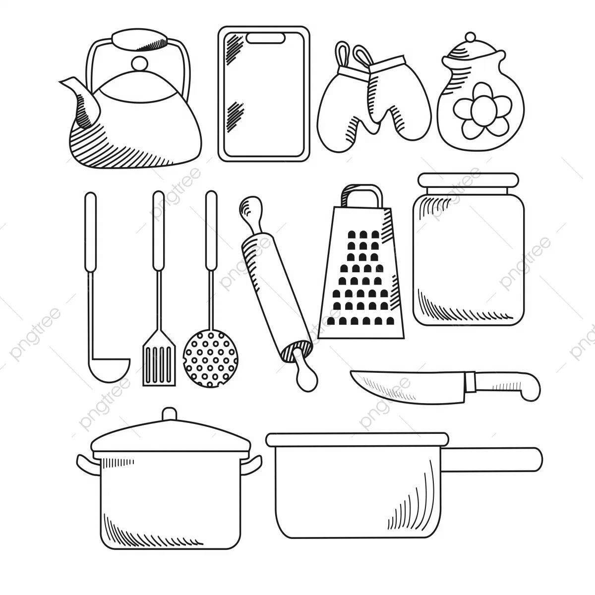 Colorful kitchen tools coloring page