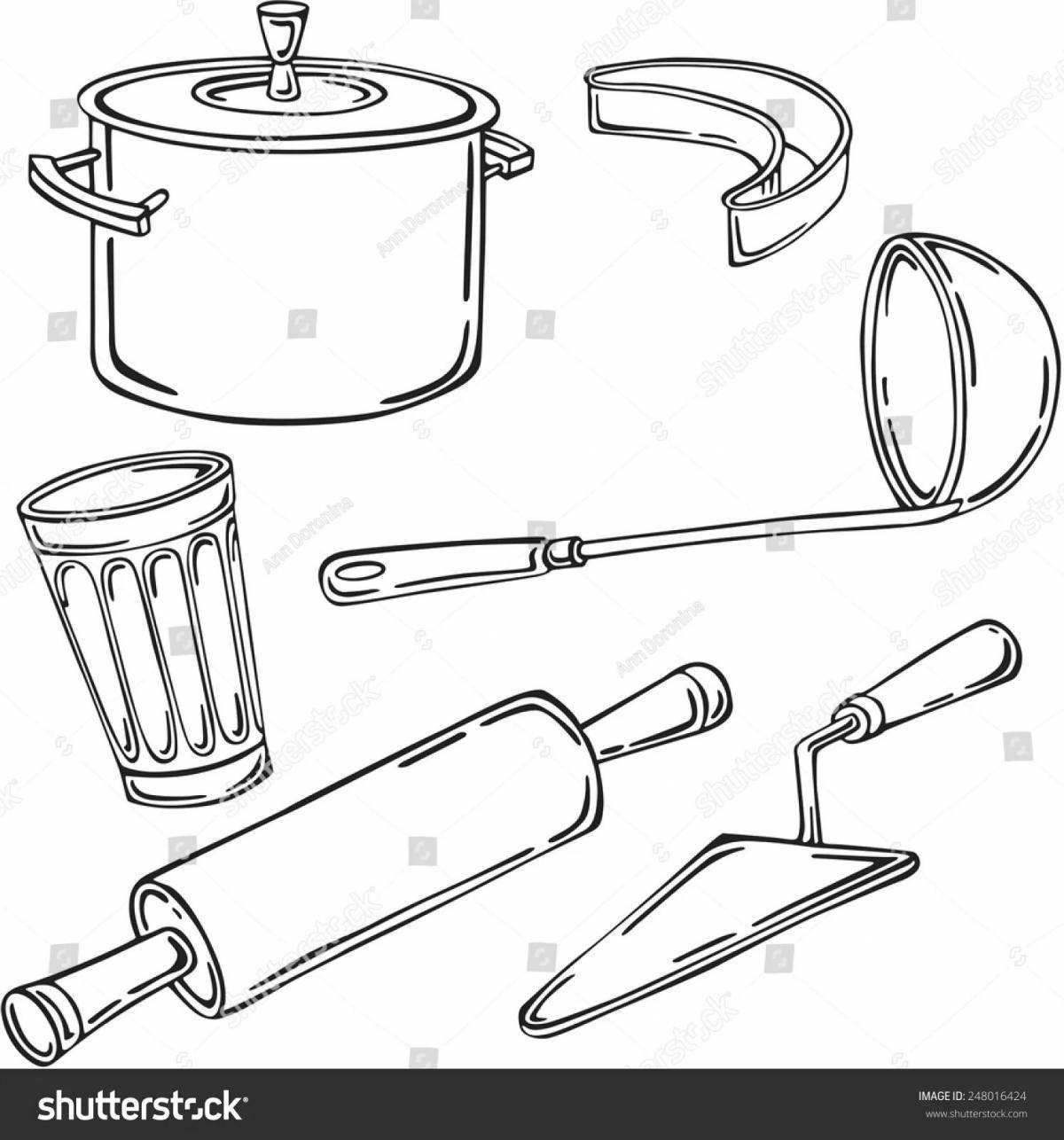 Detailed coloring page of cook tools
