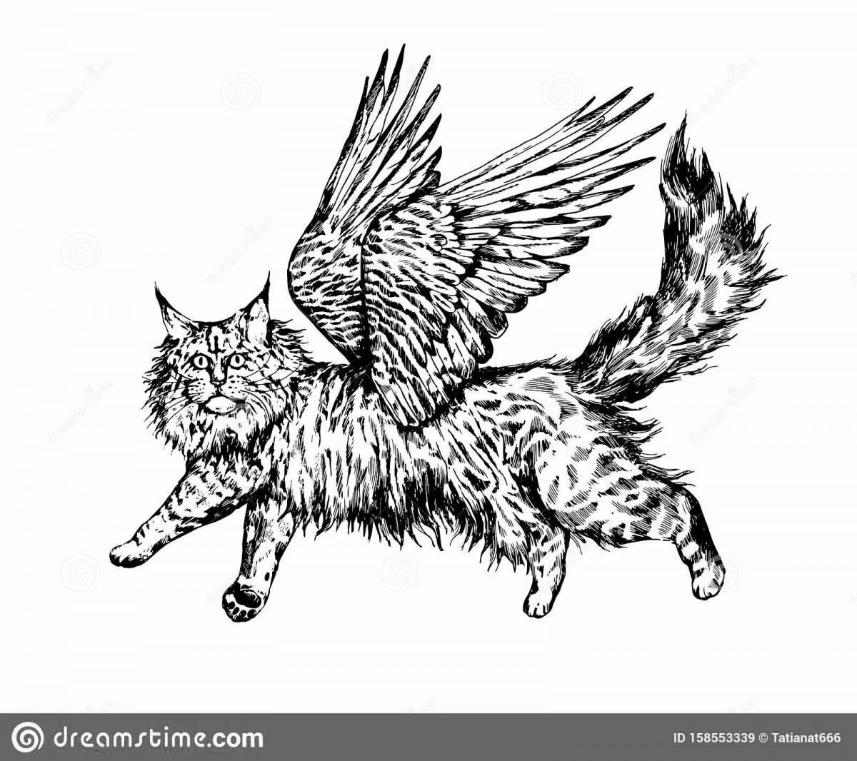 Coloring book glowing flying cat