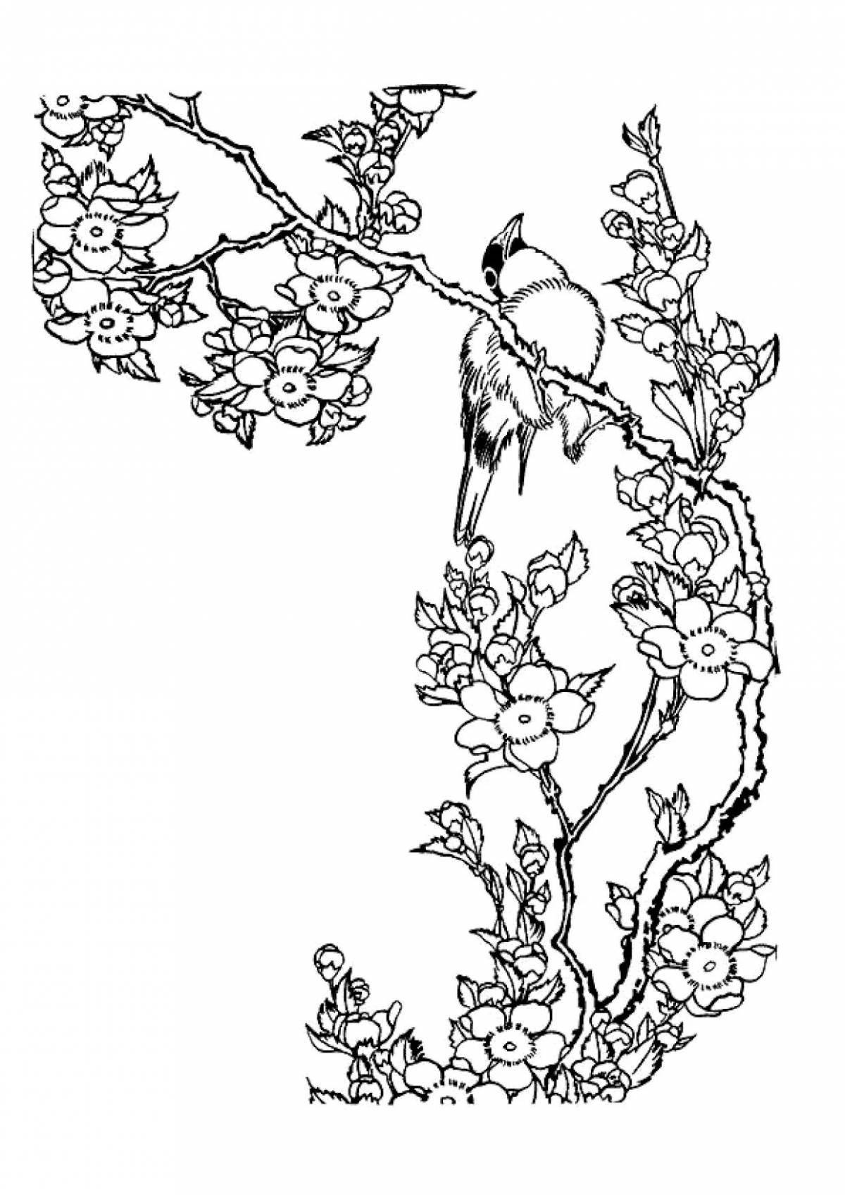 Coloring book gorgeous Japanese tree