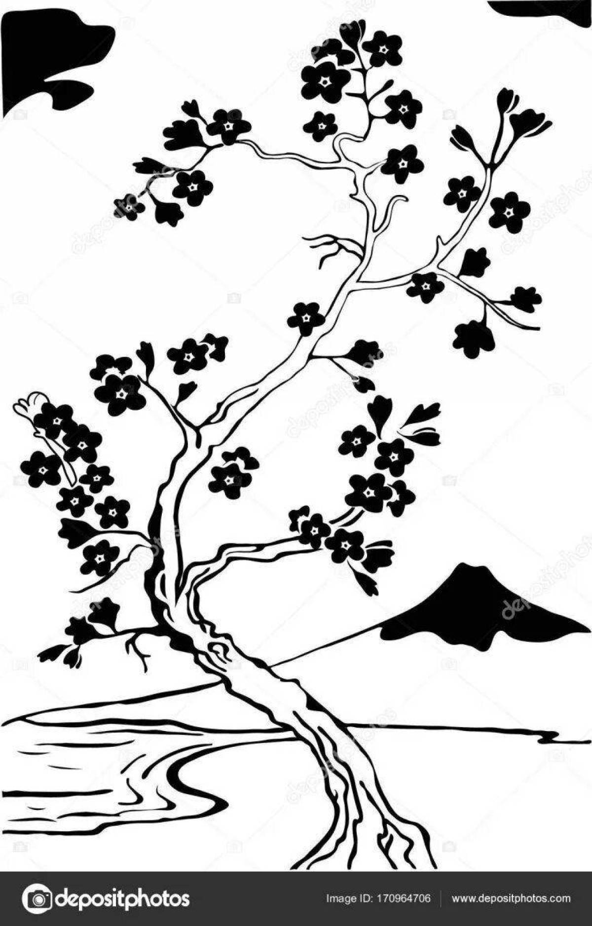 Раскраска очаровательное японское дерево
